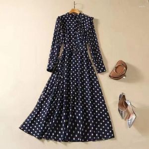 Casual Dresses European and American Women's Dress 2024 Winter Long-Sleeved Stand-Up Collar Polka Dot Print Ruffles Pleated XXL