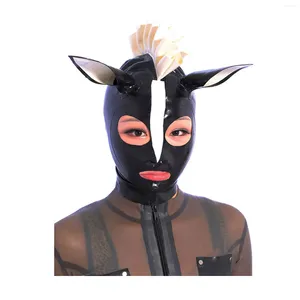 Conjuntos de sutiãs Monnik Latex Engraçado Máscara de Cavalo de Borracha Capa com Guarnição Branca e Zíper Traseiro Feito à Mão para Cosplay Party Clubwear Bodysuit