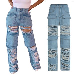 Jeans femininos moda bolso costura oco buraco mendigo estilo rua casual em linha reta cintura alta lazer outfits corredores