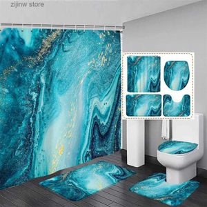 Tende da doccia Tenda da doccia in marmo blu Set Ocean Ripple Polvere d'oro Arte Moderna Casa Bagno Decor Tappeto antiscivolo Tappetini da bagno Coperchio del WC Y240316