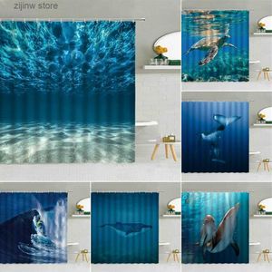 Shower Curtains Blue ocean underwater beach scenery shower curtain dolphin turtle whale animal bathroom decoration hook curtain Y240316