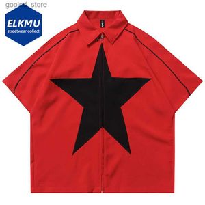 Homens camisetas Estrela Splicing Camisas Oversized Harajuku Streetwear Hip Hop Camisas Homens Moda Casual Solto Zip Up Blusa Y2K Vermelho Preto Verão Q240316