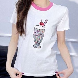 verão feminino, designer de camiseta t camisetas feminina moda de vidro de vidro de vidro bordado bordado tee redondo camisa de pulôver de pescoço de manga curta Tops asiáticos