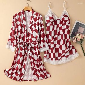 Women's Sleep Lounge Womens Sleepwear Nighty Robe Set Burgundy Plaid Sleep Sexy Lace Trim Female Bathrobe Gown Spring Summer Loose Rayon Nightdress Home Wear