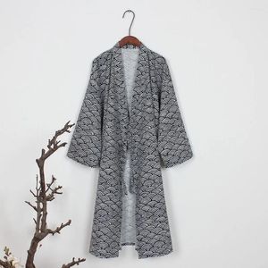 Men's Sleepwear Bathrobe Cotton Robe Soft Japanese Loose Fit Gown Nightwear Long Black/Gray Kimono Yukata