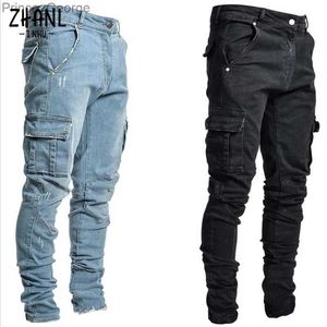 Men's Jeans Jeans Men Pants Wash Solid Color Multi Pockets Denim Mid Waist Cargo Jeans Plus Size Fahsion Casual Trousers Male Daily WearL2403