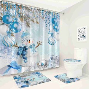 Cortinas de chuveiro bonito boneco de neve cortinas de chuveiro de Natal definir ramo de abeto azul bolas de Natal floco de neve decoração de banheiro antiderrapante tapete de banho tampa de banheiro y240316