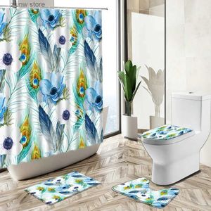 Shower Curtains Peacocks Feather Print Shower Curtain Exotic Flower Watercolor Art Home Decor Bath Mat Toilet Cover Flannel Bathroom Carpet Set Y240316