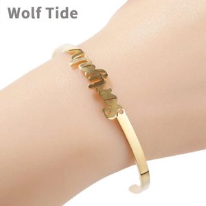 Stainless Steel Custom Name Open Cuff Bracelet Gold Electroplated Diy Letter Initial Bangle Adjustable For Women Fashion Girl Jewelry Bijoux Pulsera