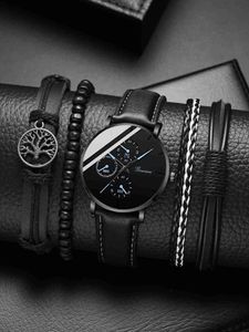 Andra klockor Fashion 5st Set Men Sports es Man Business Quartz Wrist Luxury Leather Armband Men Casual Clock Y240316