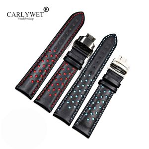 Carlywet 20 22mm Cowhide Leather Handmade Black Red Blue Replacement Wrist Watch Band Strap Double Push Crasp carrera202d