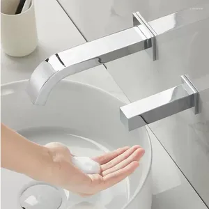 Bathroom Sink Faucets MTTUZK 59# Brass Cold Water Sensor Faucet Wall Mounted Automatic Induction Square Soap Dispenser 2PCS Set