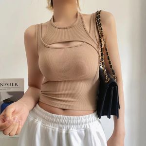 Tops Summer O Neck Hollow Out Women Crop Top Sleeveless Backless Racerback Fake Two Piece Sports Tank Tops Fitness Sexy Cami Casual