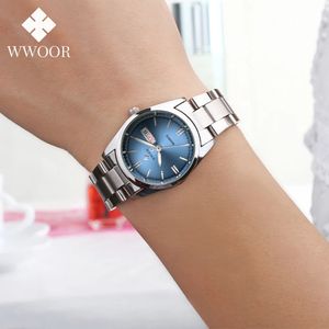 Woor Top Luksusowa marka Women Silver Blue Watch Fashion Stali Stal Quartz Elegancki wodoodporny na rękę RELOJ MUJER 240311