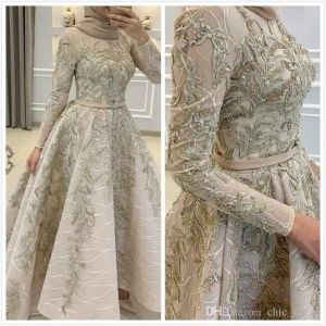 Aso ebi árabe muçulmano frisado rendas vestidos de noite mangas compridas aline vestidos de baile vintage formal festa segunda recepção vestidos