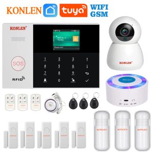 Комплекты Tuya Smart Wi -Fi GSM System System Wireless Wired Security Home с камерой SOS RFID Siren Pir Devite Door Датчик Детектор дыма