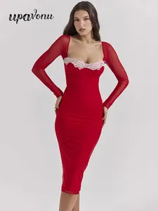 Casual Dresses 2024 Sexy Women's Red Knee Length Dress Strapless Lace Design Long Sleeved Bodycon Celebrity Cocktail Evening Party Vestid