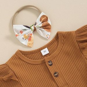 Set di abbigliamento Born Neonato Vestiti per bambina Volant Manica corta A costine Pagliaccetto in maglia Top Stampa pollo Pantaloni svasati Set fascia Fondo a campana