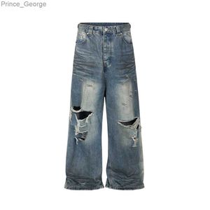 Jeans masculinos desgastados buraco danificado baggy perna larga jeans para homens e mulheres streetwear casual ropa hombre denim calças de carga de grandes dimensões l2403