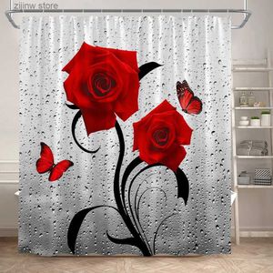Duschgardiner röd ros duschgardiner fjäril daisy blommor kreativ konst blommig badgardin set polyester tyg badrum dekor med krokar y240316