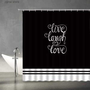 Cortinas de chuveiro Live Laugh Love Cortina de chuveiro Preto e branco Cortinas de banho Citação motivacional Modern Fashion Fabric Decoração de banheiro com ganchos Y240316