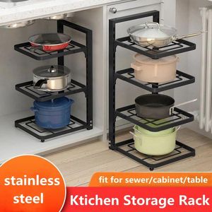 Kitchen Storage Stainless Steel Sewer Rack Pot Multilayer Adjustable Pots Organizer Cabinet Table Shelf Holder