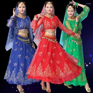 Bühnenkleidung Bollywood Kleid Kostüm Damen Tanzset Bauch Sari Kleidung Performance Kleidung Chiffon
