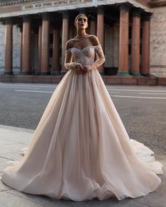 Graceful Off The Shoulder Wedding Dress Sparkly Sequins Pearls Dress For Bride Luxury A-line Long Bridal Gown Robe De Mariee