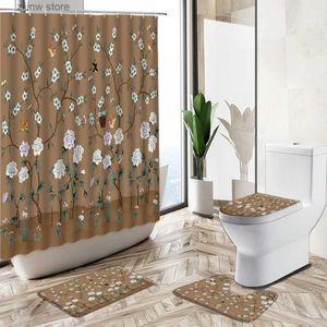 Shower Curtains Chinese Flower Bird Scenery Shower Curtain Set 3D Trees Plant Rural Bathroom Non-Slip Pedestal Rug Toilet Cover Home Decoration Y240316