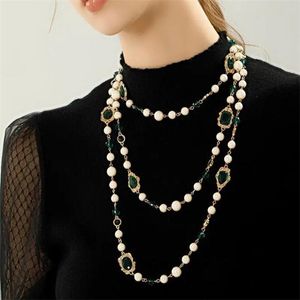 Luxur Crystal Long Pearl Pendant Necklace For Women Sweater Chain Boho Korean Designer Style Jewelry