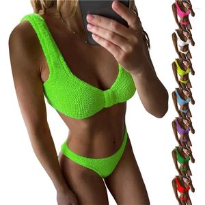 Mulheres Swimwear Mulheres 2 Peças Swimsuit Outfits Cor Sólida Low-Cut Sem Mangas Rugas Bikini Tops e Tanga Bottoms Summer Beach Set