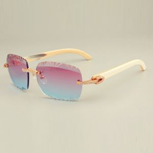 Óculos de sol de ângulo branco natural mais vendidos, design exclusivo, óculos de sol de diamante 8300765, lente com padrão gravado, tamanho 56-18-140mm