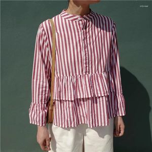 Women's Blouses LYEEYNNR Japan Style Striped Blouse Women Ruffles Patchwork Long Sleeve Loose Shirts Female Casual All-match Vetement Femme