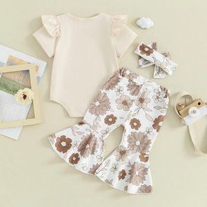 Set di abbigliamento Born Infant Baby Girl Abiti estivi Manica corta Divertente Lettera Pagliaccetto Pantaloni a zampa floreale Fascia per capelli Coming Home Outfit 3 pezzi