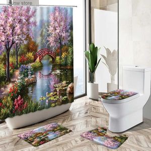 Shower Curtains Natural Scenery Oil Painting Shower Curtain Forest Waterfall Plant Flower Swan Landscape Home Rug Toilet Lid Cover Bath Mat Set Y240316