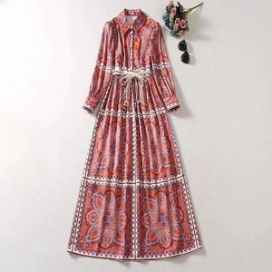 Casual Dresses European and American Women's Clothing 2024 Autumn Lapel Long Sleeve Vintage Print Fringe Belt Fashion Pleated Dress XXL