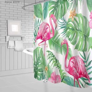 Shower Curtains Pink Flamingo Green Tropical Leaves Shower Curtains Monstera palm Leaf Jungle Plant Fabric Bathroom Curtain Decor Set with Hooks Y240316