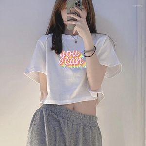 Kvinnors T-skjortor Y2K Söt och trendig personlig tryckt kort T-shirt Löst Casual Summer Girl Leaky Belly Top Sleeve