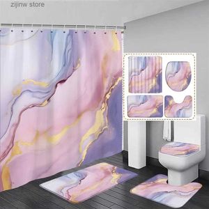 Shower Curtains Abstract Pink Marble Shower Curtain Set Purple Gold Textured Geometric Pattern Modern Home Bathroom Decor Bath Mats Toilet Cover Y240316