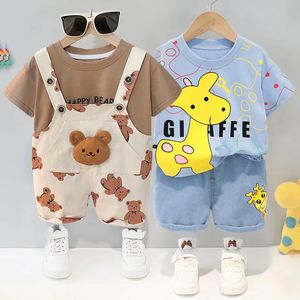 Frühlings- und Sommerset für Kinder, langärmeliger Pullover, Jeans, zweiteilig, für Babys, Jungen und Mädchen, Set mit Giraffenmuster 240314