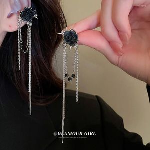 Brincos traseiros high end preto rosa borla longo clipe de orelha com temperamento feminino sem furos osso estilo escuro earrin