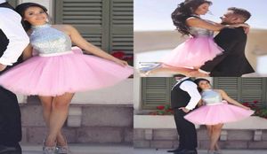 Nowy kantar wysokiej szyi cekinowy Top Krótkie sukienki Homecoming 2018 Pink Tiulle Puffy spódnica mini koktajlowe sukienki dla dziewcząt BA78311625577