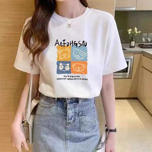 2024 Summer Loose Cotton Womens White Short Sleeved T-shirt Korean Edition New Round Neck Top Bottom