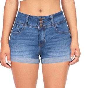 Mehrfarbige, elastische Denim-Shorts für Damen mit neuem Bund