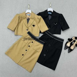 Fashion designer two piece dress spring new button up flip collar short jacket with belt design, half skirt fashion set