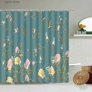 Cortinas de chuveiro estilo chinês floral pássaro cortina de chuveiro colorido flor borboletas casa banheiro decoração de parede com gancho tela de tecido impermeável y240316