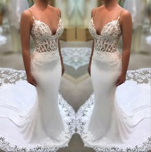 Sexy Spaghetti Straps Lace Mermaid Wedding Dresses Illusion Satin Tulle Applique Court Train Bridal Gowns robe de mariee