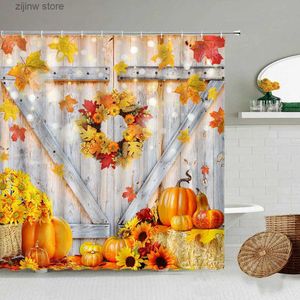 Shower Curtains Vintage Farm Barn Wooden Door Shower Curtains Fall Maple Pumpkin Haystack Plant Sunflower Flower Bath Curtain Bathroom Decor Set Y240316