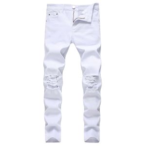 GODLIKEU Jeans da uomo bianchi strappati pantaloni elasticizzati con bottoni hip-hop in denim skinny effetto consumato Winter01 34