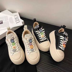 23% OFF Sports 2024 Zhao Lusis same tweed DIY smiling face increased floral canvas fashionable board thick soled casual shoes